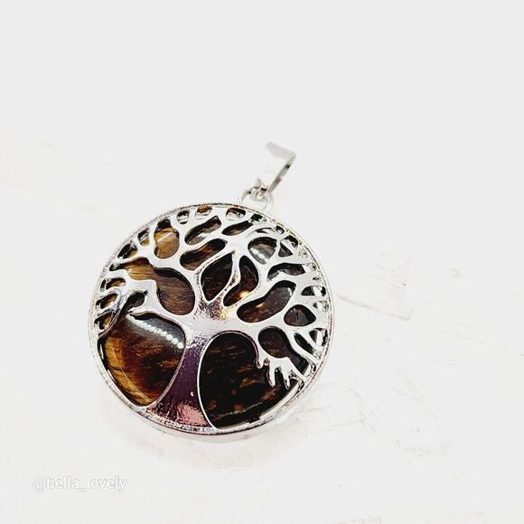 Yogi Tree of Life Tiger's Eye Silver Toned Handmade Pendant 1.5" - Picture 3 of 4